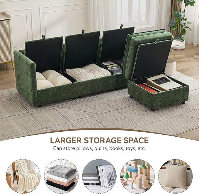 80" Cloud Modular 3 Seater Sofa with Storage Ottoman, Modern Upholstered Storage Sofa Couch Deep Seat, L Shape Sectional Sofa Chenille Comfy Couch with Armrests for Living Room, Small Space, Green