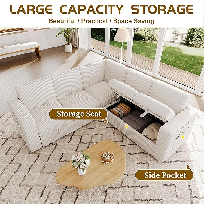 83.5" Sectional Sleeper Sofa with Pull Out Couch, Modern 5 Seat L Shaped Modular Couch, Sectionals Modular Sofa with Storage, Comfy Corduroy Couches Sectional for Living Room & Apartment, Beige