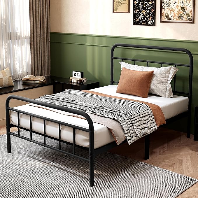 14Inch Metal Bed Frame,Twin Size Bed Frame with Storage Space,Heavy Duty Sturdy Mattress Foundation,Easy Assembly,No Box Spring Needed,Twin