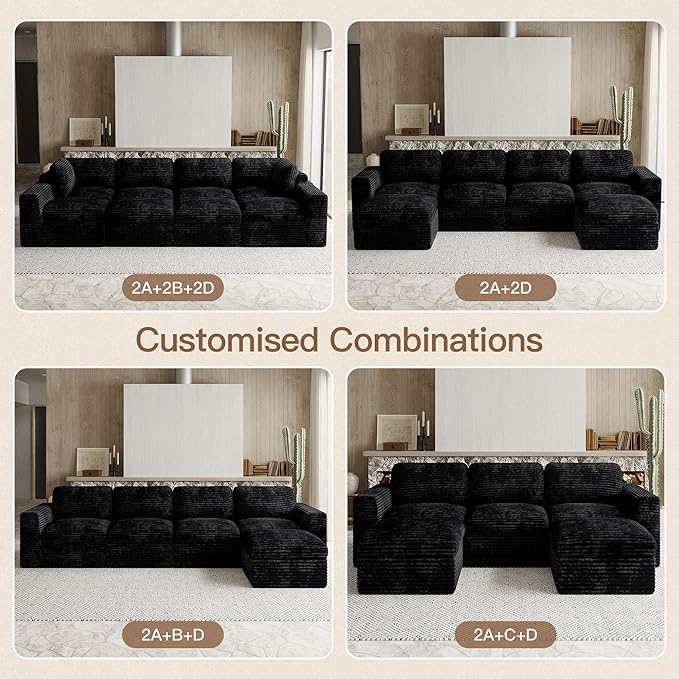 Cloud Sectional Sleeper Sofa Bed 6-Seater Plush Corduroy Modular Sectional Sofa Couches for Living Room with Ottoman. Black Couch.