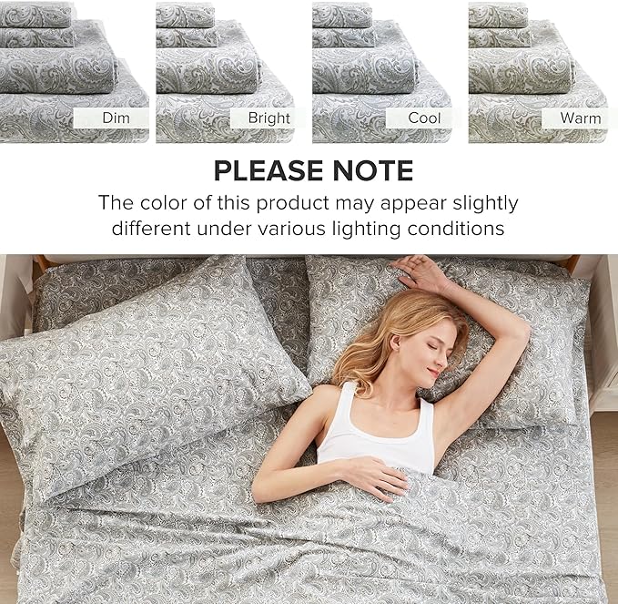 Comfort Spaces 100% Cotton Sheet Set Breathable, Lightweight, Soft with 14" Elastic Pocket Fits up to 16" Mattress, All Season Cozy Bedding, Matching Pillow Case, Cal King Paisley Multi 4 Piece