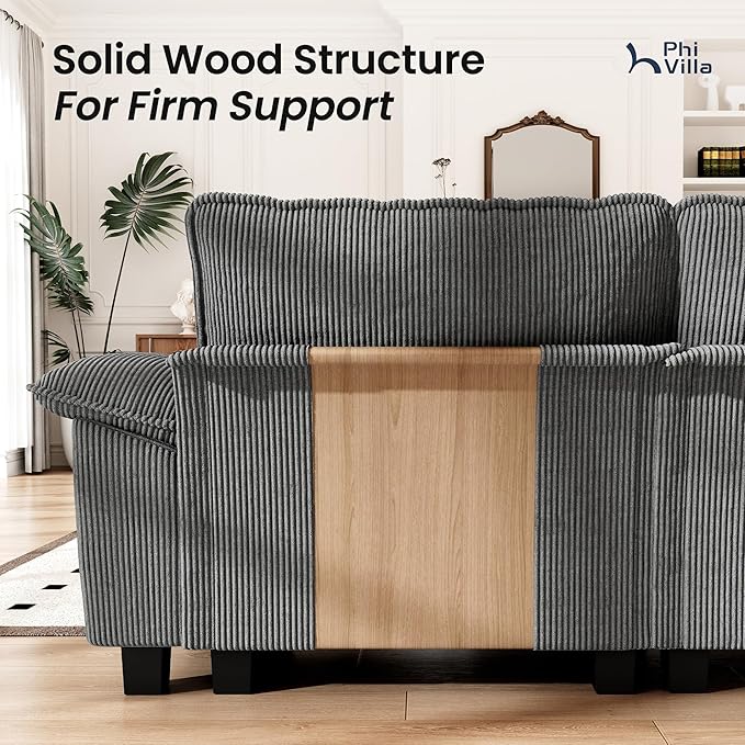 PHI VILLA Cloud Modular Couch Sets, 123.6" Sectional Sofa with U-Shaped Chaise, 5-Seater Couches with 2 Movable Ottomans for Living Room, Corduroy Fabric, Grey
