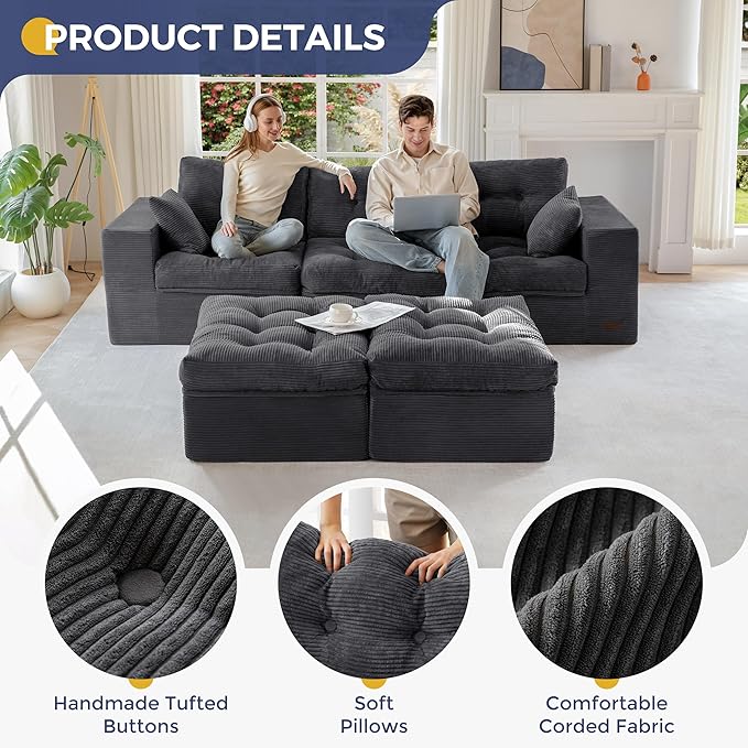 MAXYOYO 104" U Shaped Modular Sectional Sofa with 2 Ottomans, Cloud Boneless Couch with Layered Cushion, Flexible Module Combination Sofa for Living Room, No Assembly Required, Dark Grey