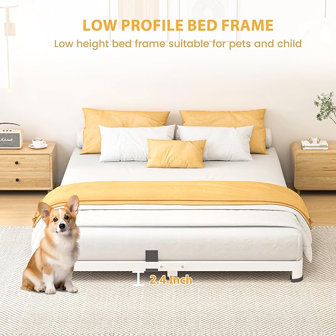 4 Inch King Bed Frame, Metal Platform Bed Frame with Round Corner Legs, 3500 lbs Heavy Duty Steel Slats Support, No Box Spring Needed, Noise Free, Easy Assembly, White