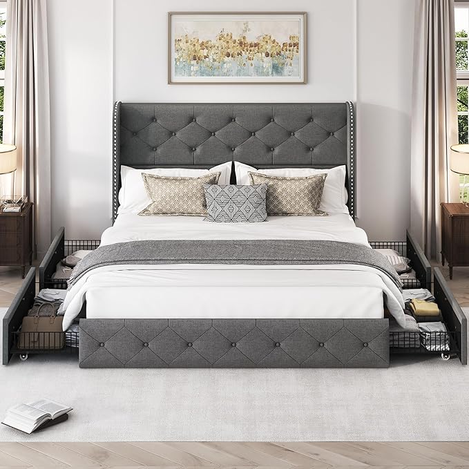 LARMACE Full Size Bed Frame with 4 Storage Drawers and 47.2" Tall Wingback Headboard Linen Upholstered Platform Bed Frame Tufted Beds with Wooden Slats Support, Easy Assembly, Light Grey