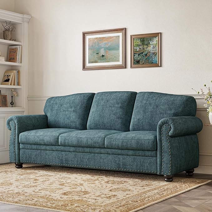 ONBRILL 90 Inch Rolled Arm Sofa for Living Room, Deep Seat Nailhead Trim Couch, Comfy 3 Seater Chenille Couch w/Wooden Leg, Springs Seat Cushion, Large Traditional Sofa for Farmhouse, Blue