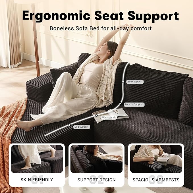 107" Boneless Couch with Deep Seat, Set of Modular Sectional Sofa, Cloud Sectional Couch for Living Room, No Assembly Required, Corduroy, L-Shape Left, Black