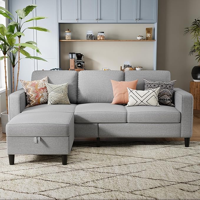 Sectional Sofa and Couches for Living Room, 78'' Light Grey 3 Seat L-Shaped Couch with Movable Ottoman, Comfy Linen Convertible Sectionals Sofas with Chaise for Apartment, Dorm, Small Space