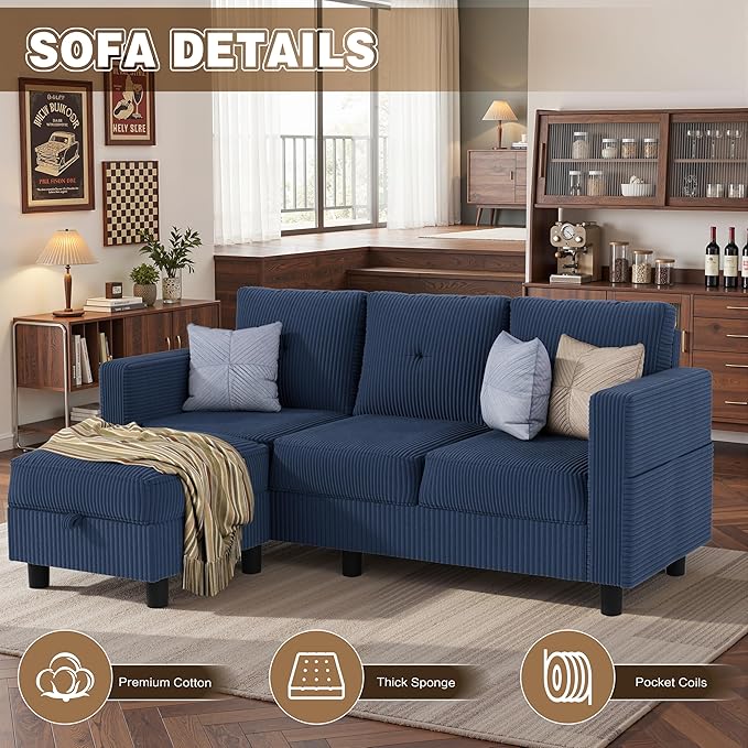 JAMFLY Convertible L-Shaped Sectional Sofa with Reversible Storage Ottoman, 3-Seat Couch with Side Pockets, Modern Compact Furniture for Small Apartments, Studios & Lofts, Blue