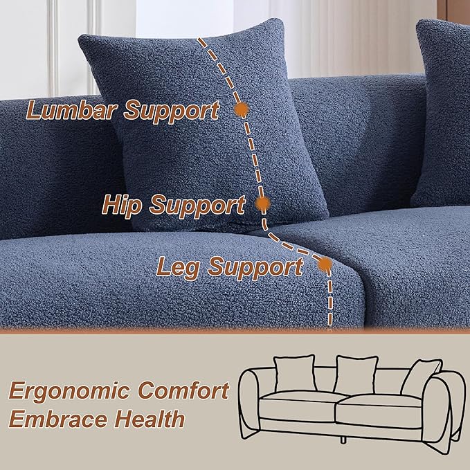 87" Sherpa Boucle Cloud Couch Modern 3 Seater Sofa with Solid Wood Legs, 25" Extra Deep Seat, Comfy Thick Cushion Upholstered Sofa Couches with 3 Pillows for Living Room, Blue