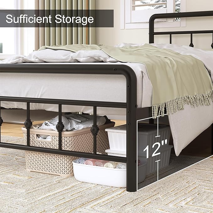 Richwanone 14 inch Twin Bed Frame with Headboard and Footboard, Heavy Duty Metal Bed Frame Victorian Style, No Box Spring Needed, Easy Assembly, Black