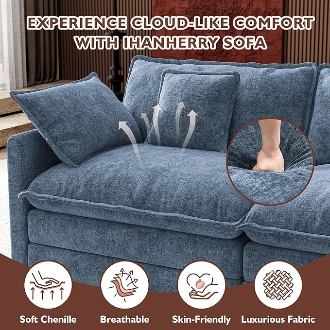 Ihanherry 114" V-Shaped Modern Sofa Modular Sectional Cloud Couch with 2 Ottoman, 7-Seat Chenille Deep Seat Sofa with Corner Section for Living Room, Bedroom and Apartment, Blue