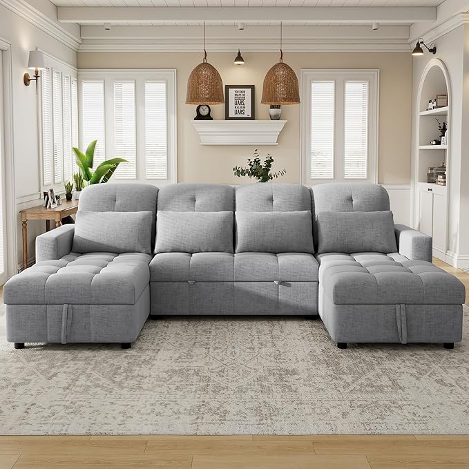 Harper & Bright Designs 110.2" Oversized U-Shaped Sofa Versatile Sectional Sofa Pull-Out Sofa Bed with Double Storage Chaise Lounges and Two USB Ports for Living Room,Gray