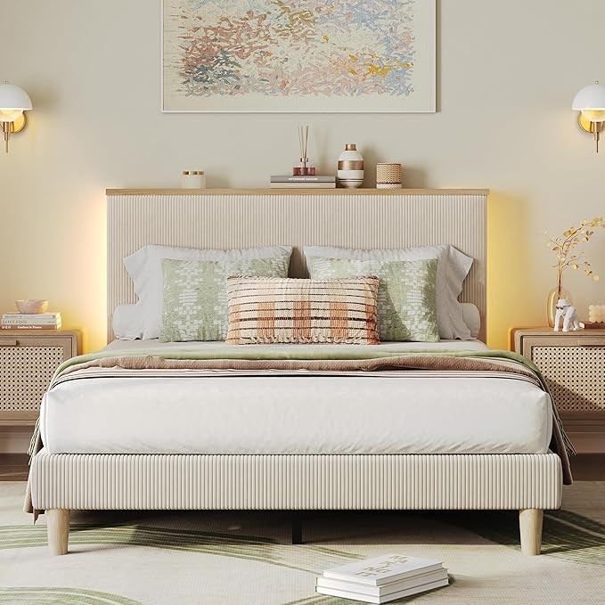 Bestier Full Bed Frame with Adjustable Headboard & LED Lighting, Corduroy Upholstered Platform Bed Frame with Storage Shelf, Solid Wood Slats, No Box Spring Needed, Never Squeak, Easy Assembly, Beige