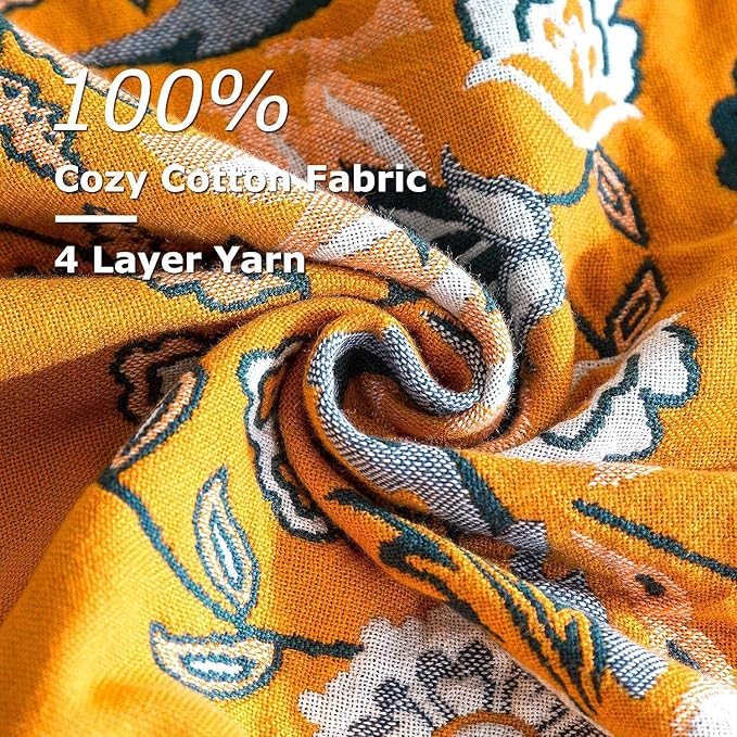 Boho Throw Blanket for Bed 100% Cotton Soft Lightweight Quilt Reversible Spring Blanket Floral Embroidery Home Decor Bed Blankets,90"x98" All Season Blankets for Sofa Couch Chair