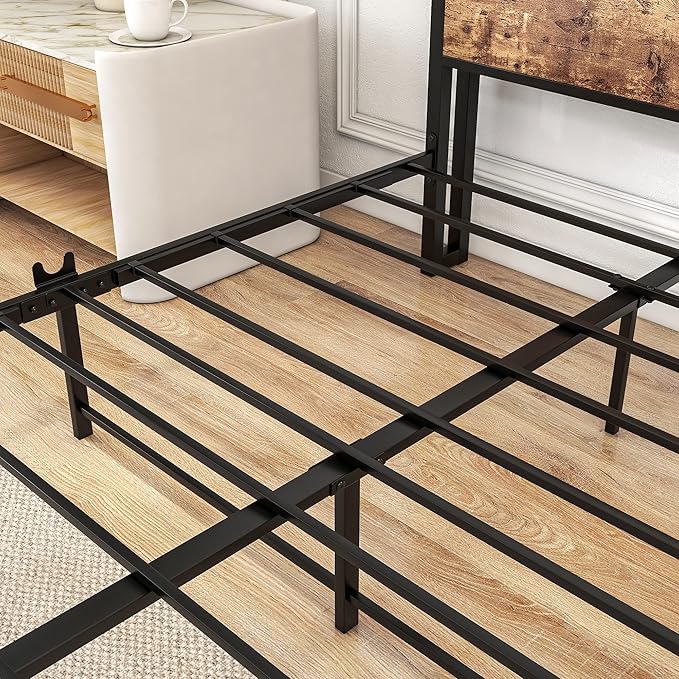 BOFENG Full Size Bed Frame with Storage Headboard,USB Charging Station,Metal Platform Double Bed Frame Full Size,Reinforced Steel Slats Support,No Box Spring Needed,Noise Free,Rustic Brown
