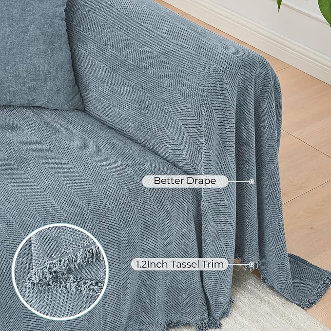 Sectional Couch Covers 2 Pieces, Chenille L Shaped Couch Cover Blanket for Sectional Sofa with Herringbone Pattern Washable Sofa Slipcovers (XX-Large: 71" x 118" + 71" x 118", Blue)