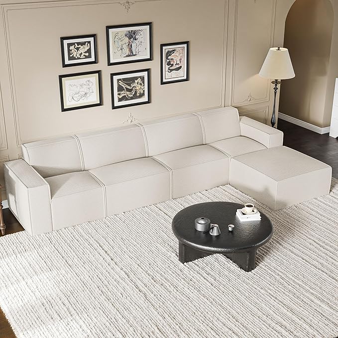 Cozy Castle 142" Modular Sectional Sofa, L Shaped Corduroy Boneless Couch with Deep Seat and Ottoman Chaise Cloud Sofa Upholstered Couches for Living Room Bedroom No Assembly Required (Beige)