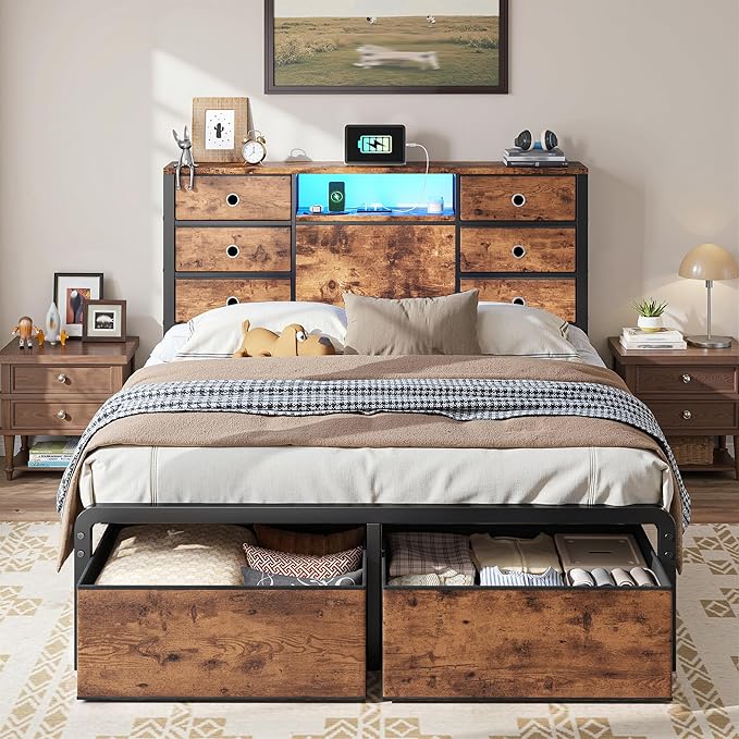 Homkdom Full Size Bed Frame with 8 Fabric Storage Drawers, LED Lights & Charging Station, Metal Platform Bed Frame with Headboard Storage,No-Noise,Easy Assembly,Modern Brown
