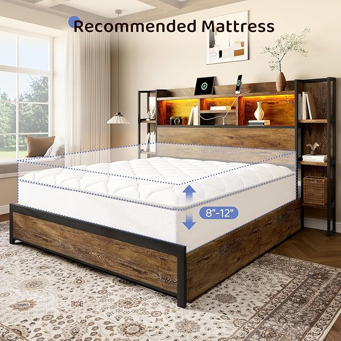 BRELTAM Queen Size Bed Frame with 4 Storage Drawers and Headboard Featuring Shelf Storage, Wooden Platform Bed Frame with LED Lights and Charging Station, Easy Assembly/No Box Spring Needed/Brown