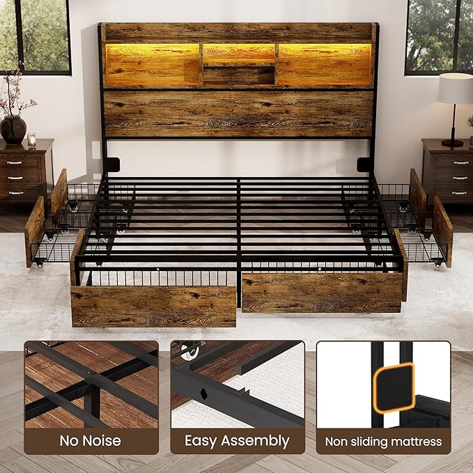 BRELTAM Queen Storage Bed Frame with 6 Drawers, USB Charging Station, No Noise, No Box Spring Required, Vintage Brown Headboard Platform Bed