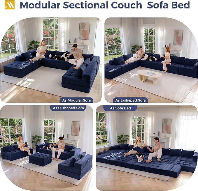 MAXYOYO Modular Sectional Sofa Couch, Foldable Oversized U Shaped Cloud Couch with Pillows, Tufted Boneless Sleeper Lounger Floor Sofa Bed for Living Room, No Assembly Required, Navy