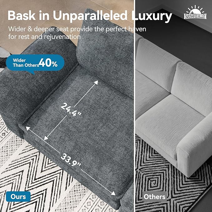 3 Piece Living Room Sofa Furniture Set, Chenille Modular Loveseat, Cloud Chair, and 3-Seat Couch with Pillow, Oversized 6-Seat Modern Sectional Deep Sofa for Apartment, Cyan