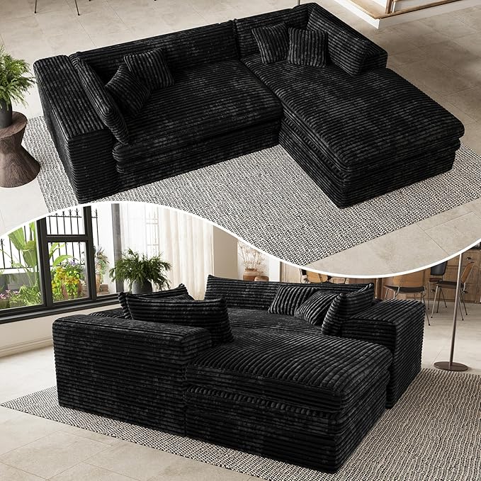 Belffin Boneless Cloud L Shaped Couch with Deep Seat Plush Corduroy Boneless Modular Cloud Sectional Couches for Living Room. Right Facing Chaise. Black Sofa