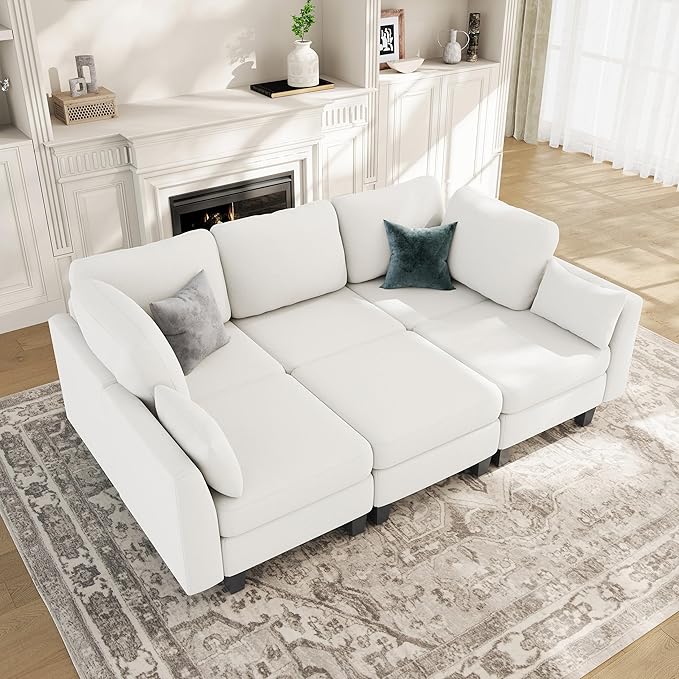 Sectional Sleeper Sofa, 6 Seaters Modular Sleeper Sofa Couch, Comfy Sectionals Couches Bed, Convertible Sofas with Ottomans, Modular Sectional Couches for Living Room, White