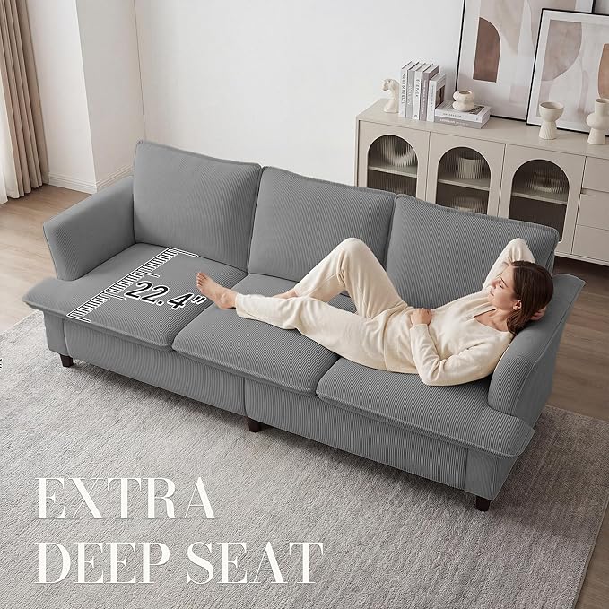 3 Seater Corduroy Couch, Comfy Couch with Deep Seat, Modern Sofa Couch for Living Room, Office, Bedroom, Apartment | Breathable material, Pet - friendly, Strong support