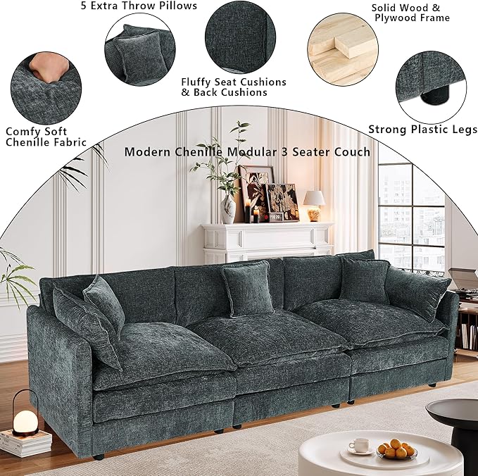 Setawix Chenille Cloud Couches for Living Room,3 Seater Cloud Sofa Couch with Deep Seat,112.2" Roomy Cloud Sofas,Modular Sectional 3 Seat Sofa with Pillows for Bedroom. (Grey, 3 Seater)