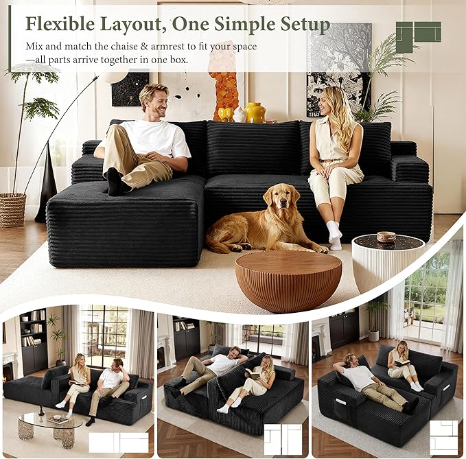 96" Sectional Couches for Living Room Cloud Couch Sofa with L-Shape Upholstered Boneless Couchs Modern Modular Sectional Couch with Chaise (Black, 96" W+Left Facing Chaise+2Seaters)