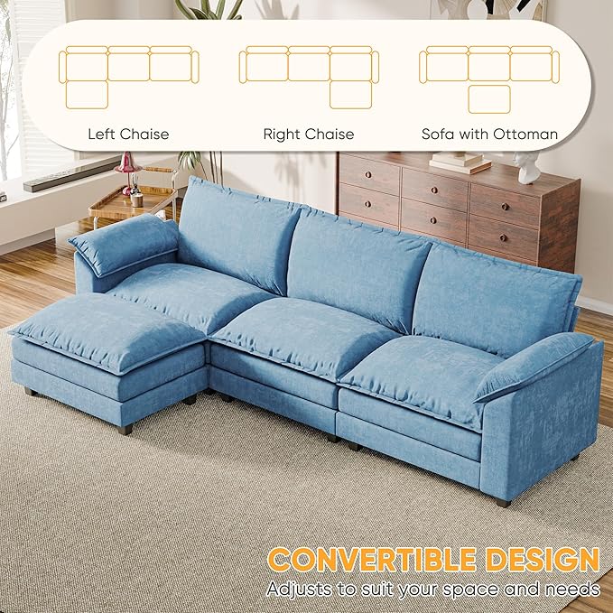 118.9'' L Shaped Sectional Couch, Modular Cloud Sofa with Deep Seat & Double Layer Cushion, Modern Chenille Sofa Couches with Movable Ottoman for Living Room & Appartment (Dark Blue, L Shaped Sofa)