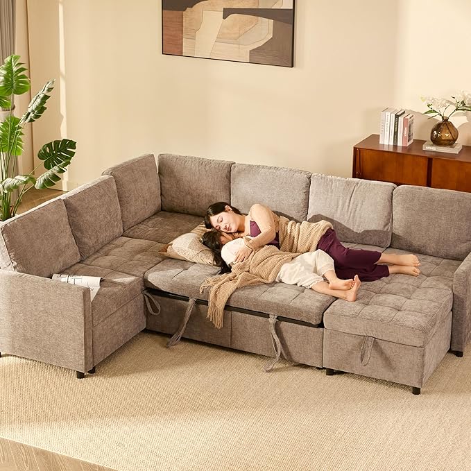 107" Modular Sectional Sleeper Sofa, Set of Modular Pieces with Pull Out Bed, U Shaped Sectional Couch with Storage, Extra Wide&Deep Seat Couches for Living Room, Removable Sofa Cover, Chenille-Slate