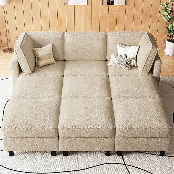 Belffin 84.3" 9 Seats Sleeper Sofa Modular Sectional Sofa Washable Sectional Couches for Living Room Comfy Couches with Storage Seat Couch Sofas with Chaise,Beige