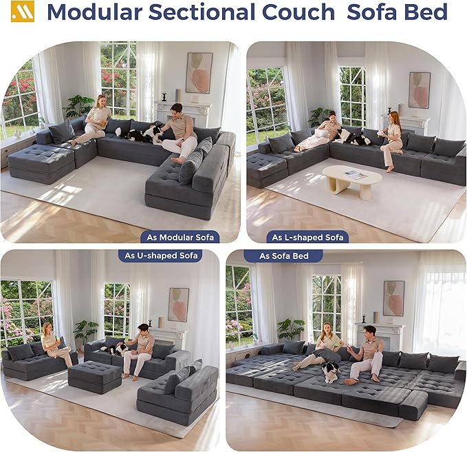 MAXYOYO Modular Sectional Sofa Couch, Foldable Oversized U Shaped Cloud Couch with Pillows, Tufted Boneless Sleeper Lounger Floor Sofa Bed for Living Room, No Assembly Required, Dark Grey