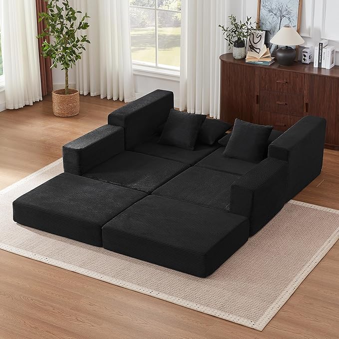 Modular Loveseat L Shaped Sofa,Boneless Cloud Couch with Ottoman (Black) | Freely Combination, No Assemble Required, Modular Design, Breathable Fabric, Convertible to Bed, Futon Bed