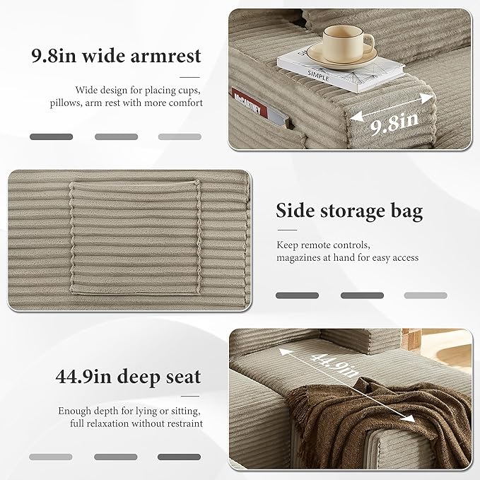 96" Sectional Couches for Living Room Cloud Couch Sofa with L-Shape Upholstered Boneless Couchs Modern Modular Sectional Couch with Chaise (Camel, 96" W+Right Facing Chaise+2Seaters+Ottoman)