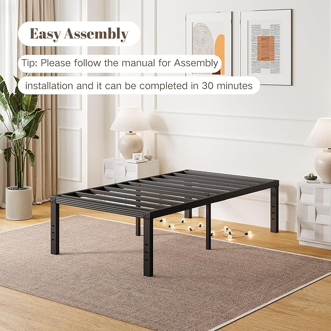ZIYOO Twin Bed Frames, 18 Inches Platform Bed Frame, 1000lbs Heavy Duty Steel Slat, Non-Slip Design, No Box Spring Needed, Easy Assembly, Quiet Noise Free, Under Bed Storage Space, Black