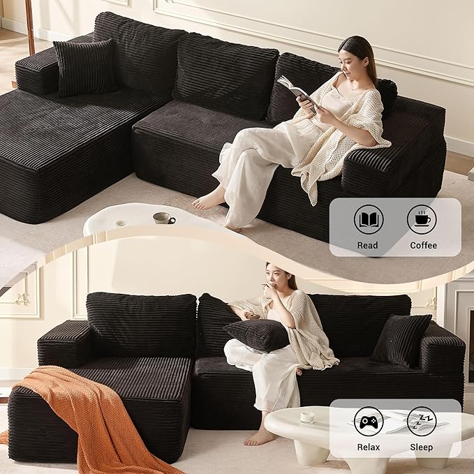 107" Boneless Couch with Deep Seat, Set of Modular Sectional Sofa, Cloud Sectional Couch for Living Room, No Assembly Required, Corduroy, L-Shape Left, Black