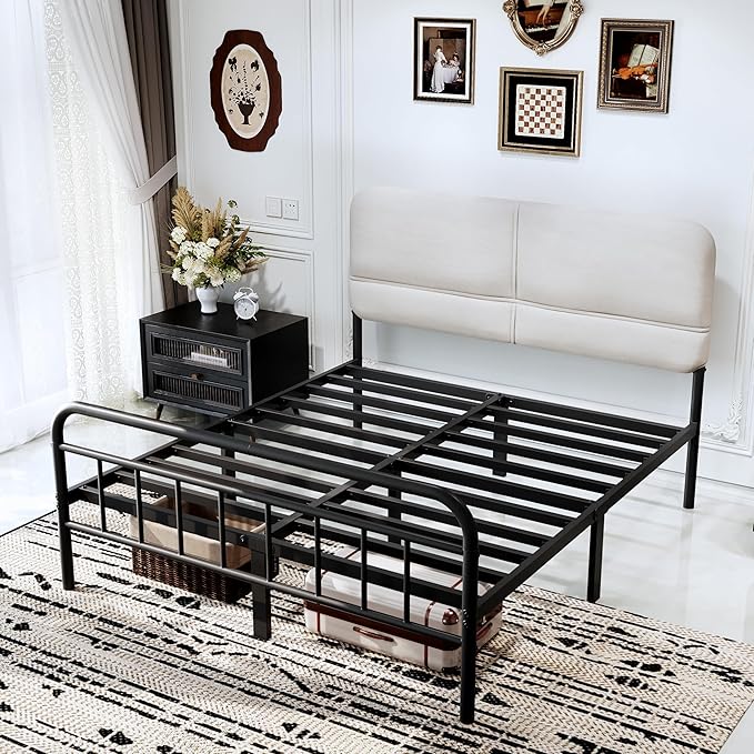 14Inch Metal Bed Frame,Full Size Bed Frame with Upholstered Headboard,Heavy Duty Sturdy Mattress Foundation,Easy Assembly,No Box Spring Needed,White-Full