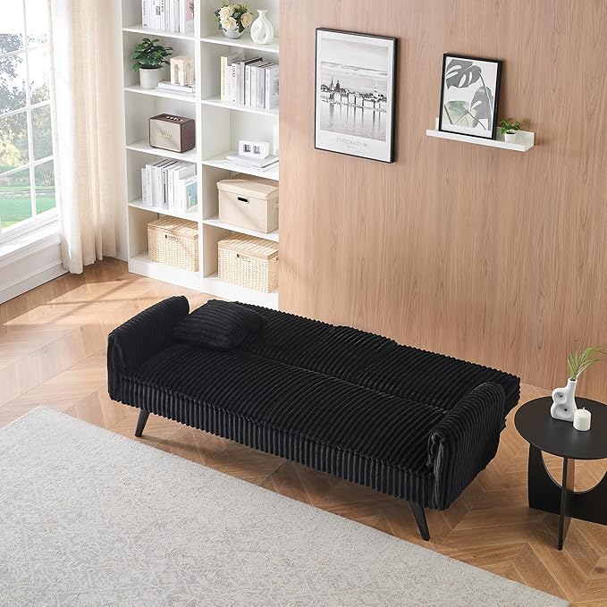 72" Convertible Sofa Bed with Foldable Cup Holder,Straight-line Corduroy Sofa,Suitable for Living Room,Bedroom,Black