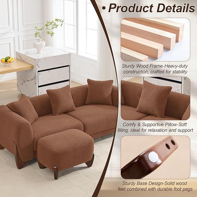 87" Sherpa Boucle Cloud Couch with Ottoman, Modern 3 Seater Sofa with Solid Wood Legs 25" Extra Deep Seat Comfy Thick Cushion Upholstered Sofa Couches with 3 Pillows for Living Room, Caramel
