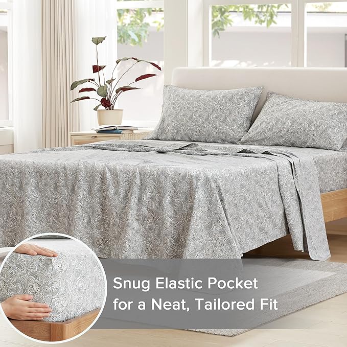 Comfort Spaces 100% Cotton Sheet Set Breathable, Lightweight, Soft with 14" Elastic Pocket Fits up to 16" Mattress, All Season Cozy Bedding, Matching Pillow Case, Cal King Paisley Multi 4 Piece