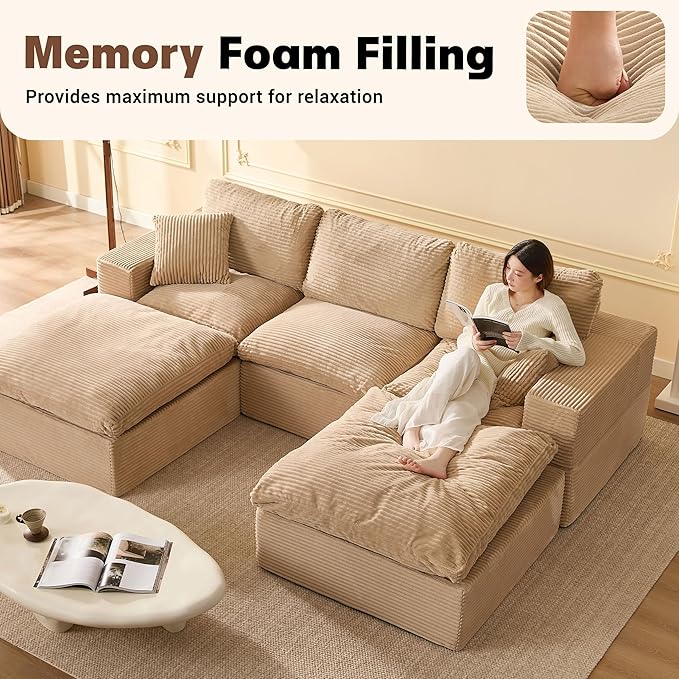106.3” Sectional Couches for Living Room, Set of Cloud Couch, Modular Sectional Sofa, Convertible Sofas Bed, Deep Seat Sofa, U Shaped Cozy Sofa Furniture Set, Corduroy, Camel