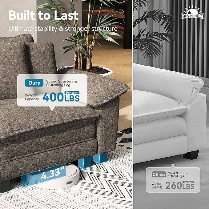 4 Seat Modular Sofa, 157.5'' Oversized Modern Chenille Sectional Couch with Wider Armrest and Pillow, Upholstered Cloud Deep Seat Sofa for Living Room, Smoky Grey