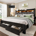 BRELTAM King Size Bed Frame with 2 Storage Drawers, Wooden Upholstered Bed Frame with 2-Tier Storage Headboard Built in Charging Station & LED Light,Noise-Free/Metal Support/No Box Spring Needed,Black