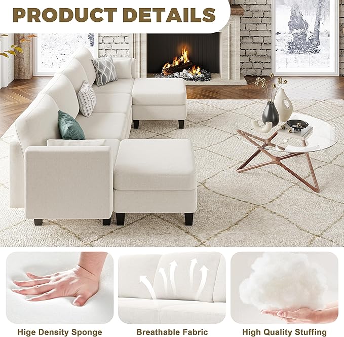 Modular Sectional Sofa, 6 Seaters Modular Sleeper Sofa Couch, Comfy Sectionals Couches Bed, Convertible Sofas with Ottomans, Sectional Couches for Living Room, Beige