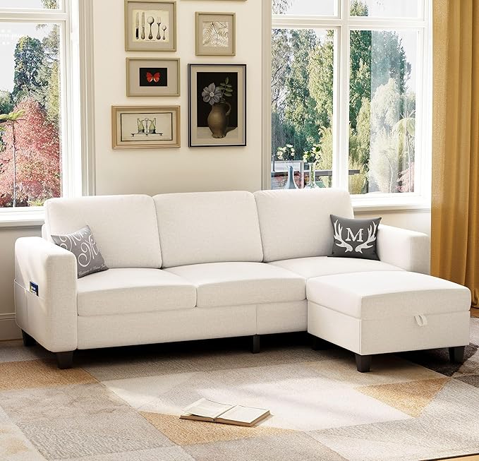 78" Sectional Sofa Couches for Living Room, Beige Convertible L Shaped Couch with Storage Ottoman, Deep Seat Pet-Friendly Linen Fabric Sofa Set for Small Space, Apartment, Dorm