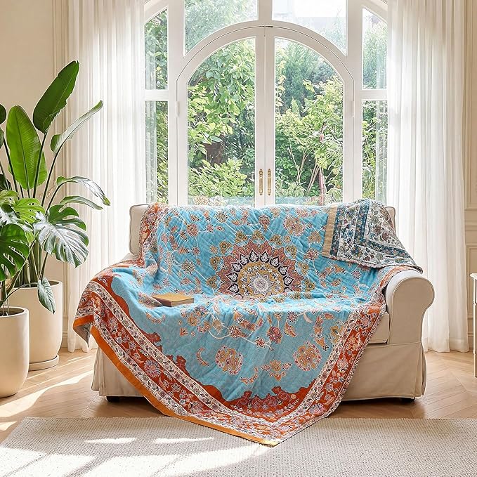 LUTBM Boho Throw Blanket for Bed Cotton Spring Blankets for Bedroom Living Room Twin All Season Lightweight Floral Embroidery Quilt for Couch Sofa Chair 60"x80" Home Decor